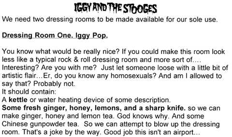 Iggy Pop Concert Rider Excerpt